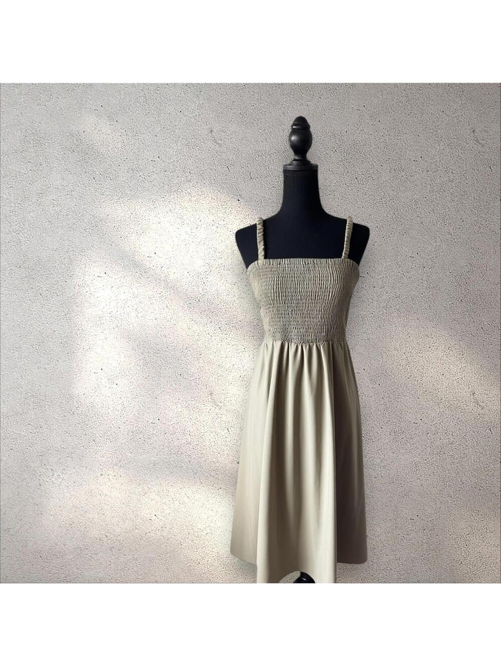Y2K Forever 21 Beige Smocked Midi Dress with Strappy Back